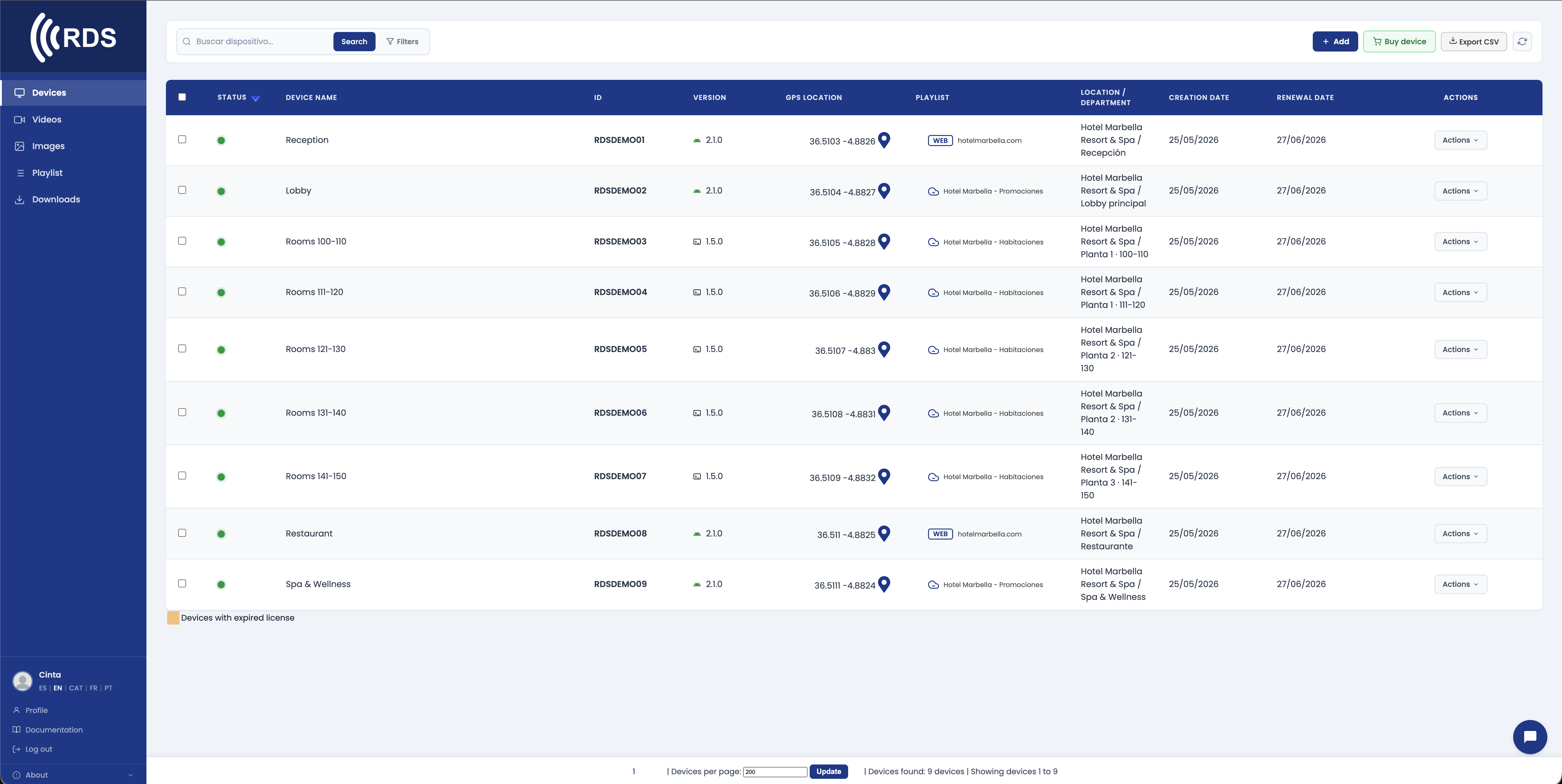 RDS device management console — live fleet view