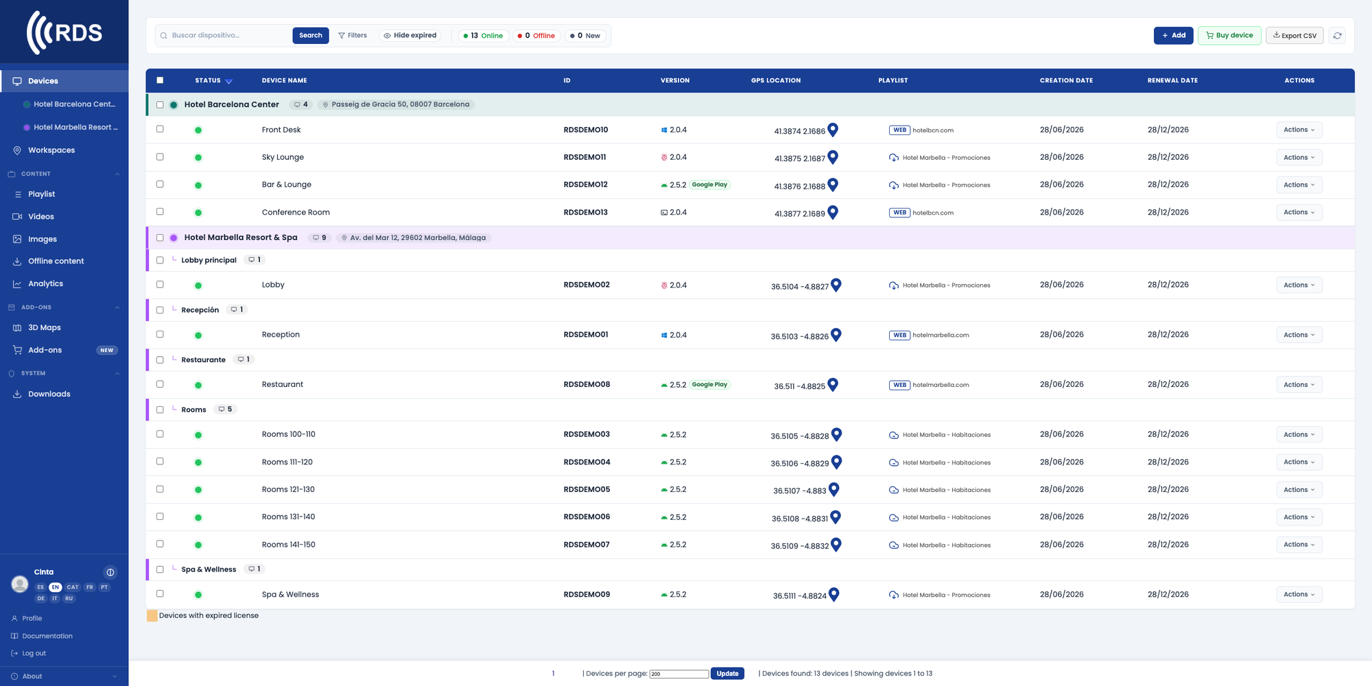 Lista de dispositivos de RDS en tema claro, con agentes Android, Windows, Linux y Raspberry Pi en un mismo panel