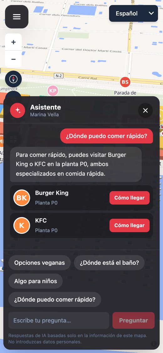 Respuesta del asistente a «¿Dónde puedo comer rápido?»: Burger King y KFC, cada uno con su botón «Cómo llegar»