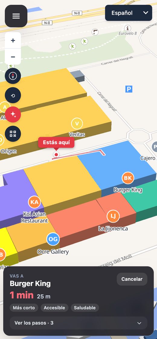 Ruta trazada en el mapa desde «Estás aquí» hasta Burger King: 1 min, 25 m