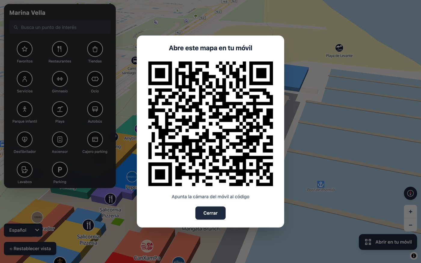 Mapa 3D con la ventana «Abre este mapa en tu móvil» y un código QR grande
