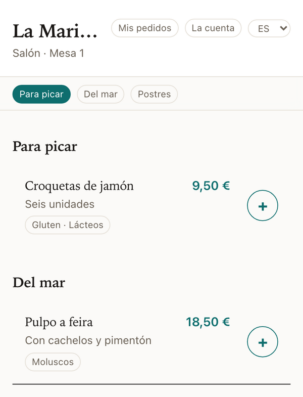 Carta digital de um restaurante no telemóvel do cliente, com preços e alergénios