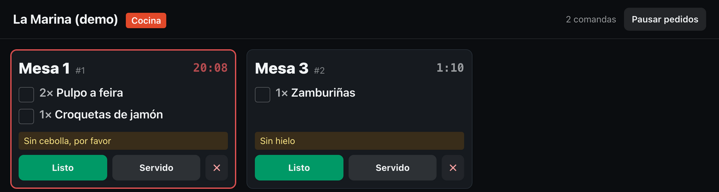 Ecrã de cozinha com duas comandas e o número da mesa